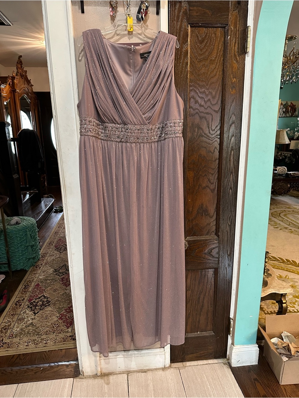 R&M Richards Dusty Mauve Beaded V-Neck Maxi Dress